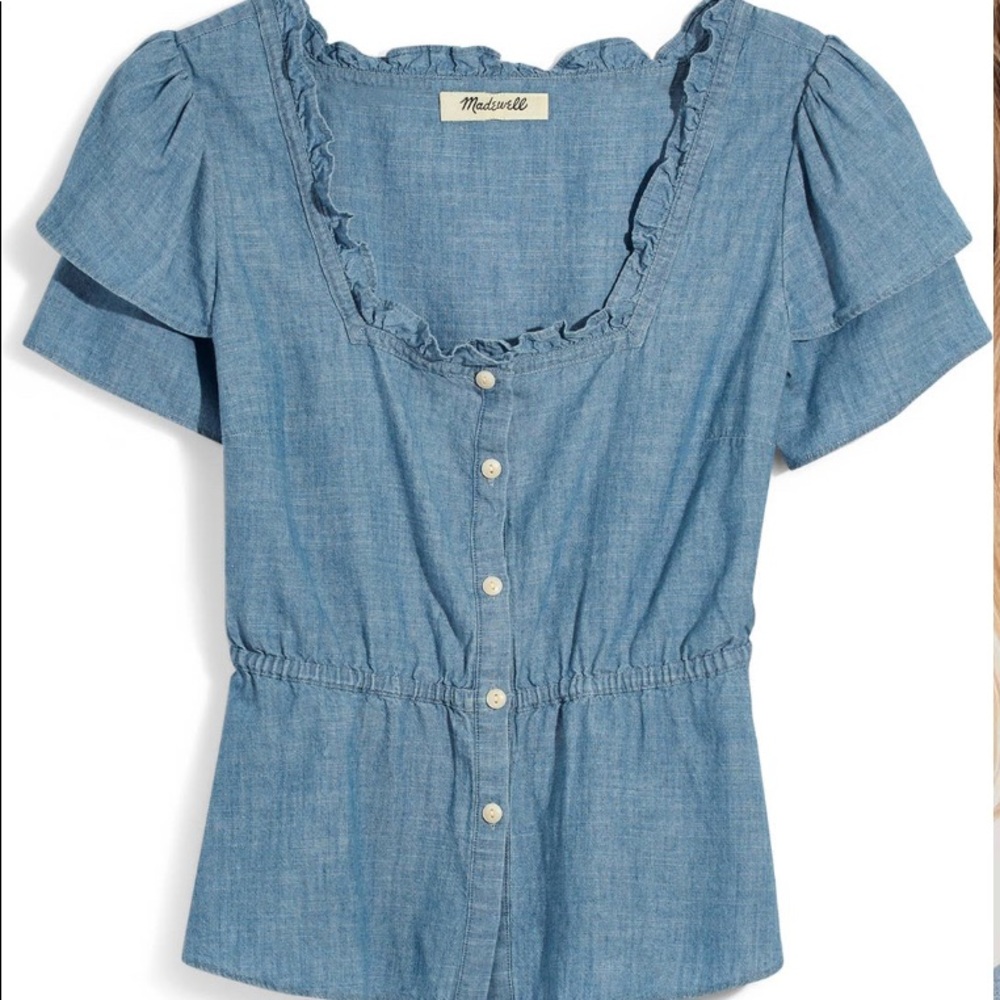 Madewell Chambray Ruffle Sleeve Peplum Top size M color Blue